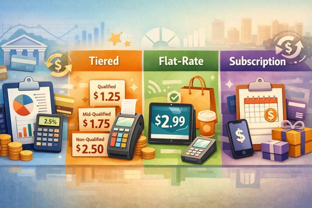 Pricing models compared: interchange-plus, tiered, flat-rate, and subscription