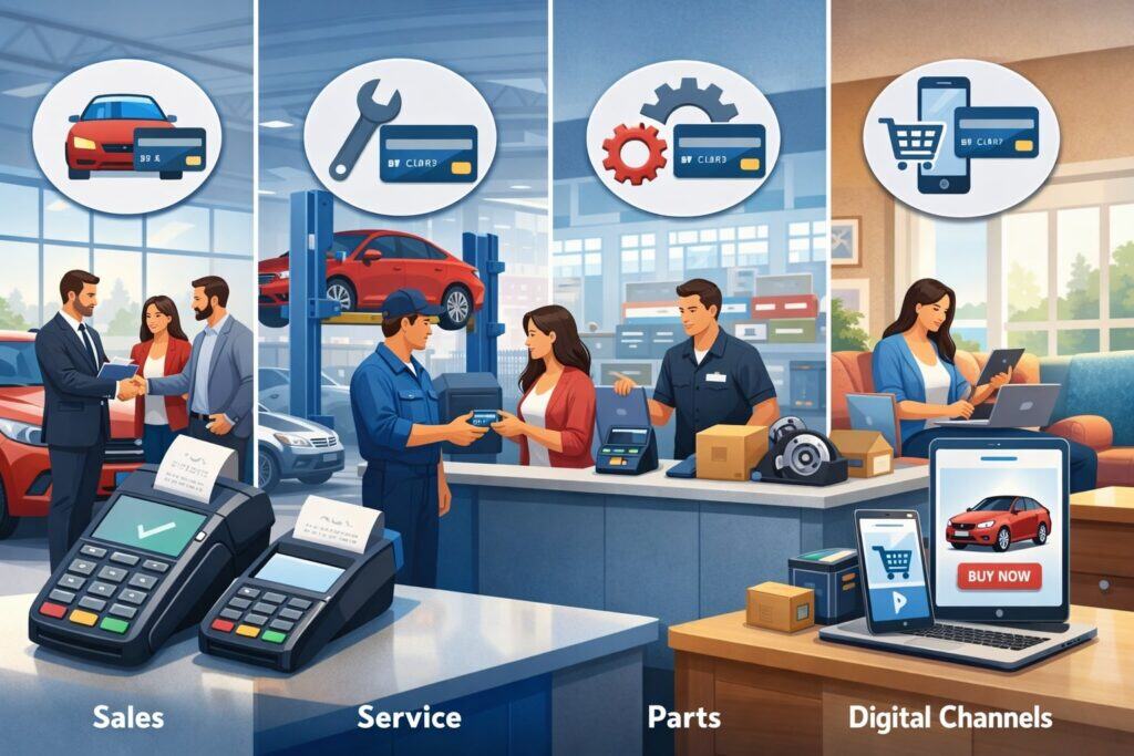 Where Dealerships Use Card Payments: Sales, Service, Parts, and Digital Channels