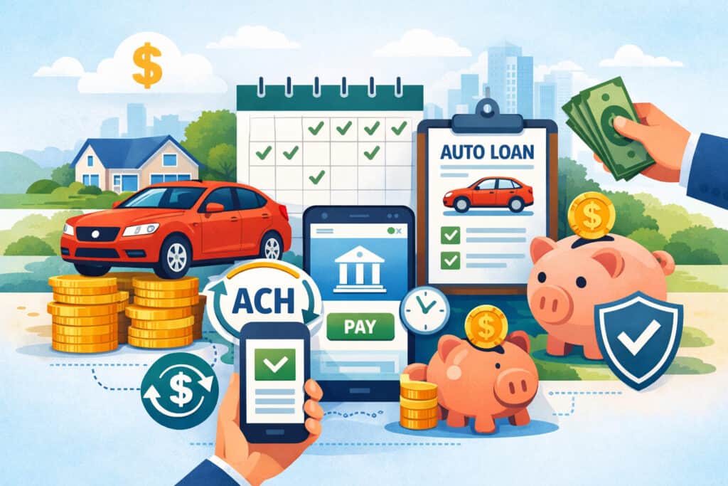 Illustration of ACH recurring payments for auto loans showing a car, payment calendar, mobile banking app, and automated transaction icons with financial elements in the background