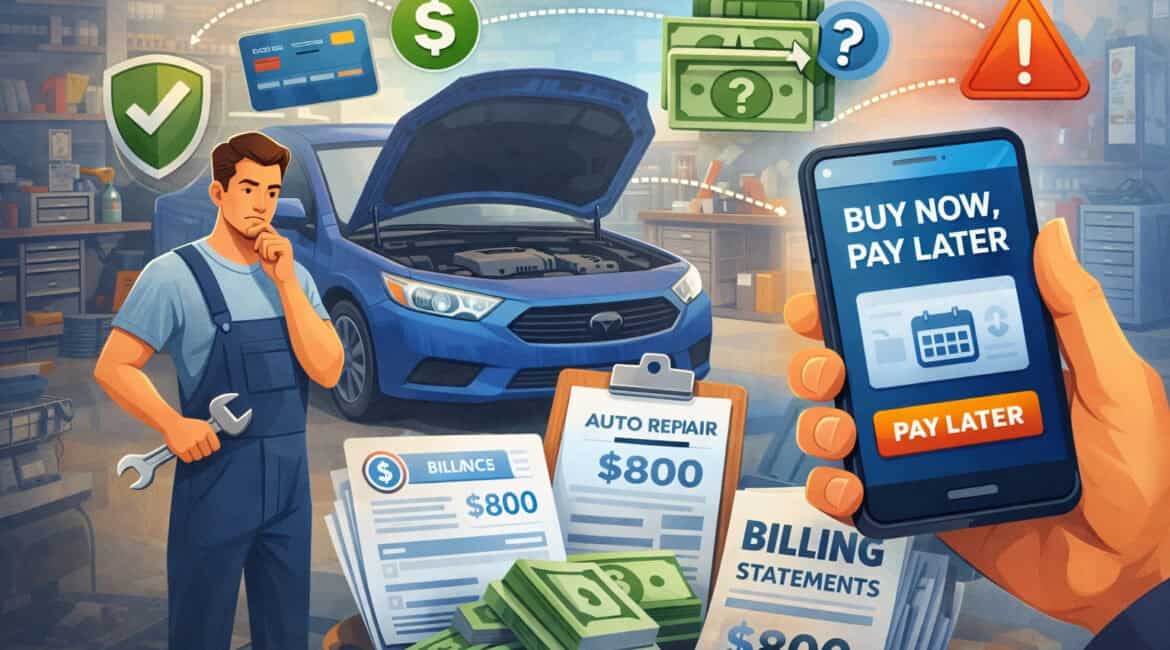 Digital illustration of a car repair shop showing a mechanic and vehicle with Buy Now Pay Later financing concept, featuring mobile payment interface, repair bills, and financial risk icons in a modern automotive service setting