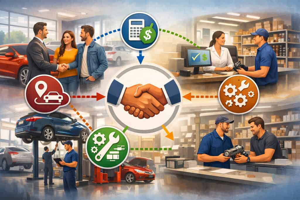 Integrated automotive dealership workflow illustration showing showroom sales, finance processing, service maintenance, and parts counter operations connected through a centralized customer journey