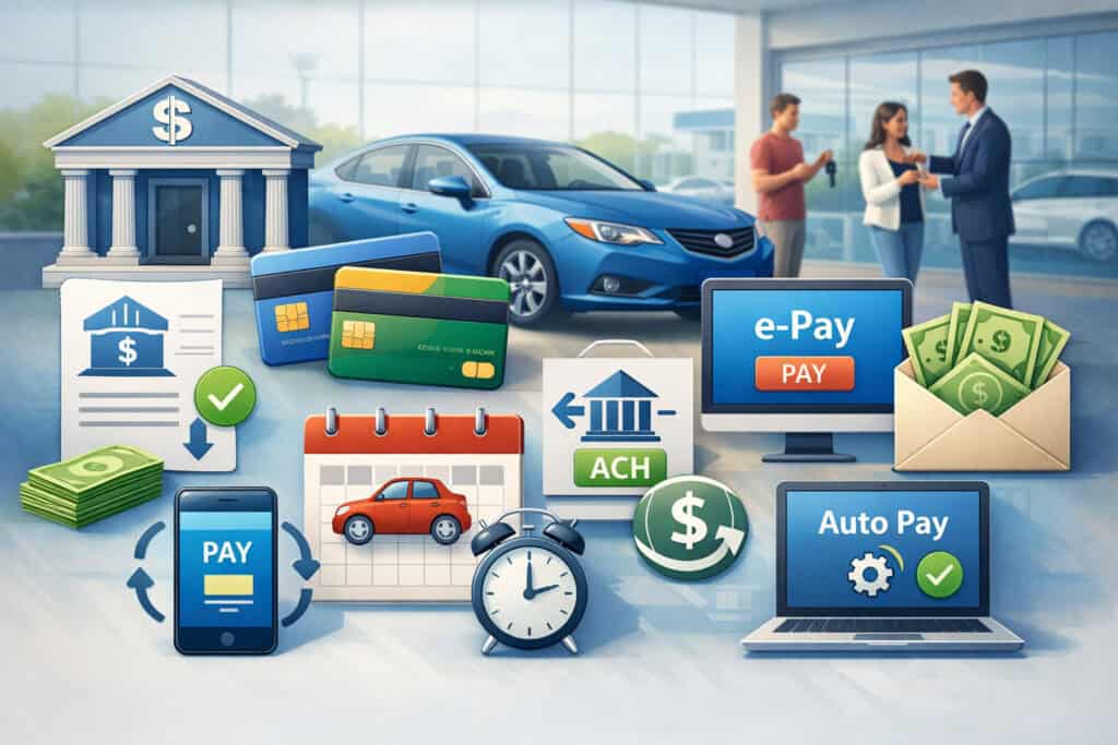 Illustration of recurring car loan payment methods showing auto debit, credit cards, online payments, ACH transfers, and mobile banking with a car dealership background
