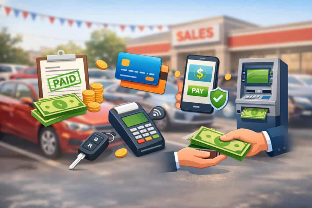 Illustration of common payment methods in buy here pay here auto financing, including cash, credit card, mobile payments, POS terminal, and ATM with car dealership background