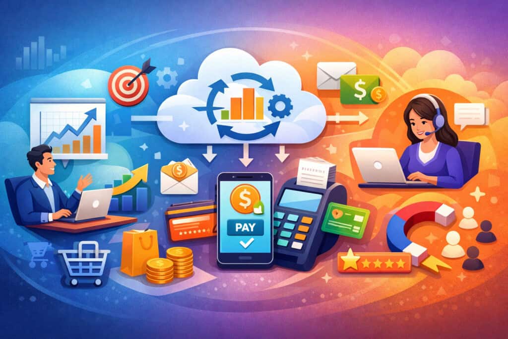 Integrated business ecosystem illustrating sales growth, digital payments processing, and customer retention with cloud-based data synchronization and financial technology icons