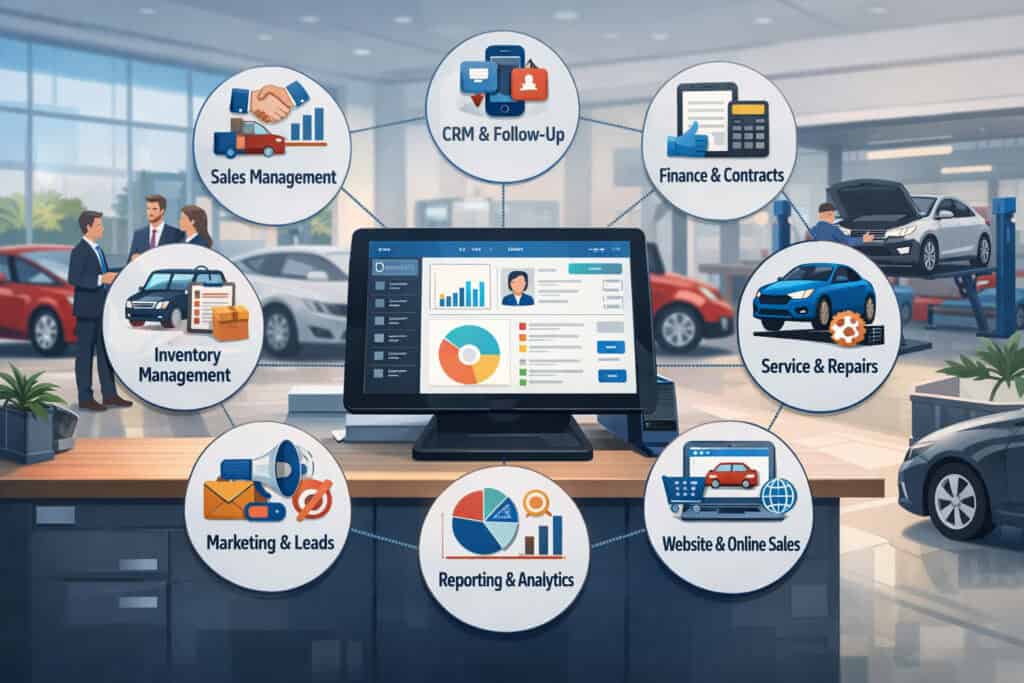 Integrated car dealership POS and CRM system illustration showing sales, inventory, customer management, service, finance, marketing, and analytics operations in a modern showroom environment