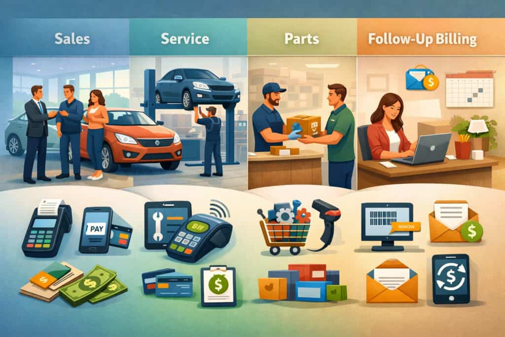 Illustration showing payment processing workflows across automotive sales, service, parts, and follow-up billing with POS systems, mobile payments, invoicing, and digital transactions icons