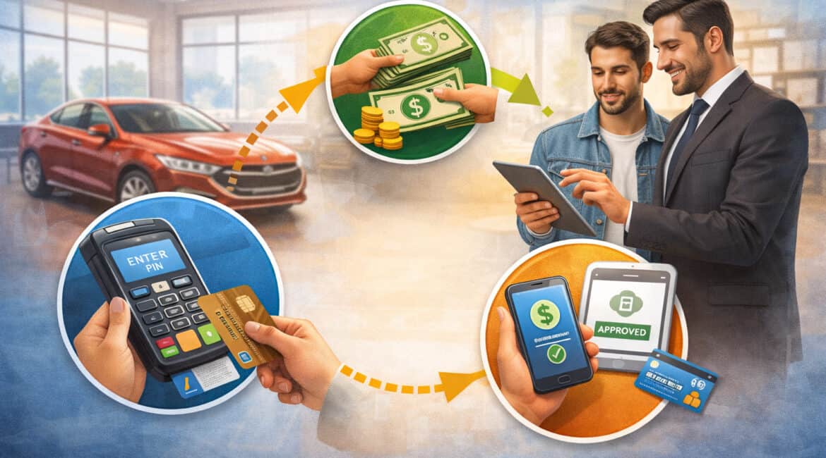 Car dealership payment methods illustration showing customer completing vehicle purchase using cash, credit card terminal, and mobile digital payment options in a showroom setting