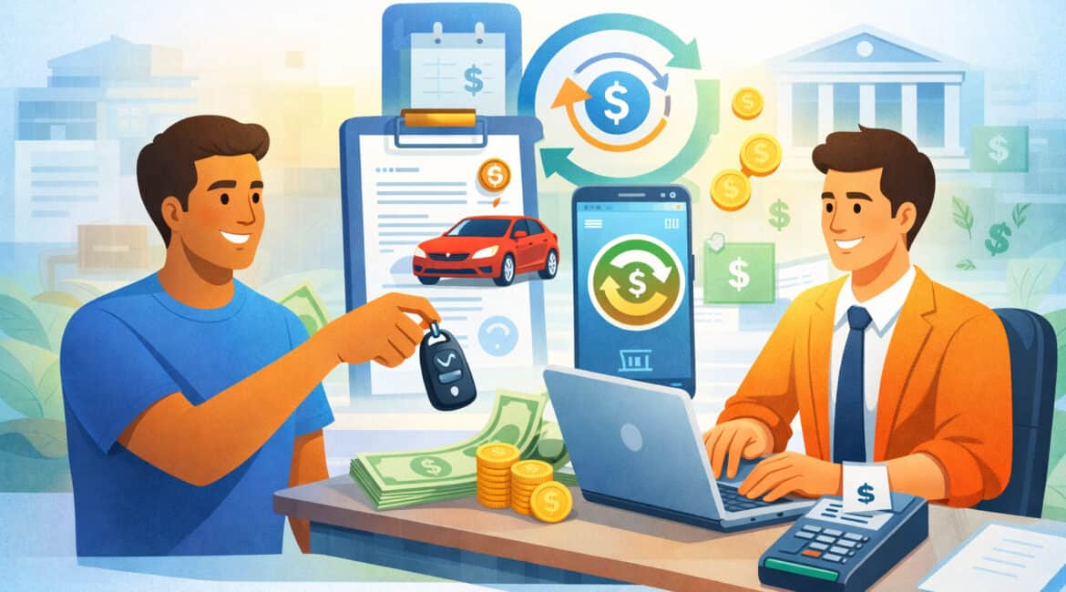 Illustration of recurring car loan payment setup showing customer handing over car keys, digital payment automation on mobile device, and finance professional managing scheduled transactions with banking and money icons