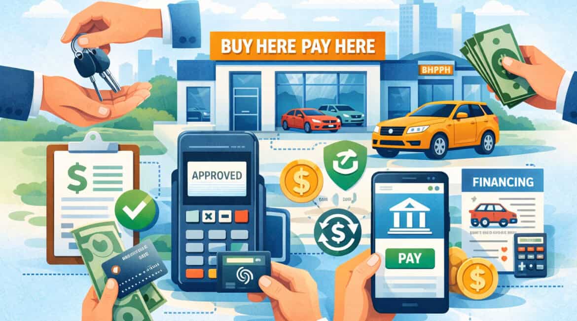 Illustration of payment processing at a Buy Here Pay Here dealership showing car sales, cash and card payments, mobile payment app, approval process, and financing workflow icons in a modern dealership setting