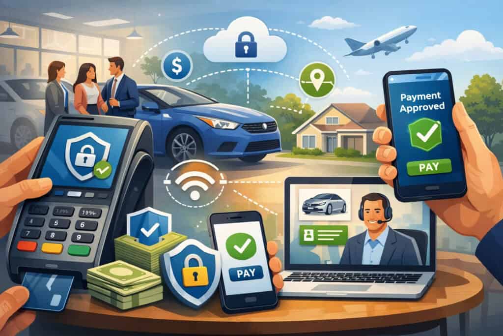 Secure digital illustration showing a car dealership processing large remote payments with encrypted transactions, mobile payment interface, and secure financial technology icons in a modern business environment
