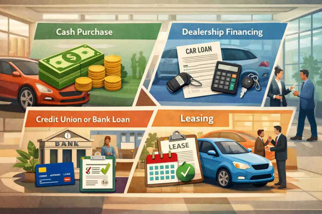 Illustration of a car dealership showroom showing different auto payment methods including cash, dealership financing, bank loans, and leasing with related financial icons and vehicles in background