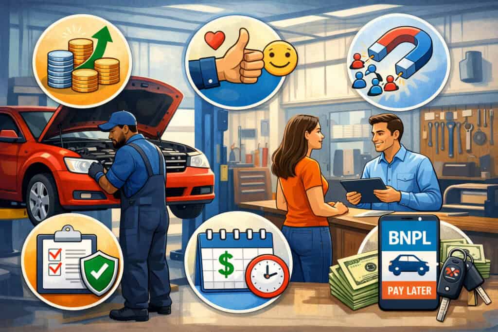Illustration of auto repair shop offering Buy Now Pay Later financing, showing mechanic servicing a car, customer consulting advisor, and icons representing flexible payments, increased revenue, customer satisfaction, and fast approvals