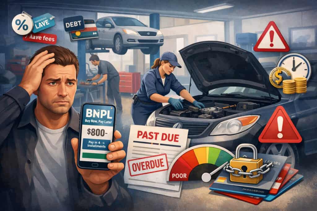 Illustration of car repair costs and buy now pay later risks showing mechanic tools, vehicle, and financial stress concept