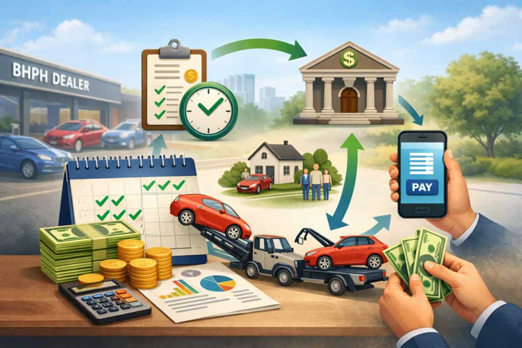 Illustration of BHPH dealership cash flow showing recurring payments, scheduled collections, vehicle financing cycle, and digital payment methods with calendar and financial icons
