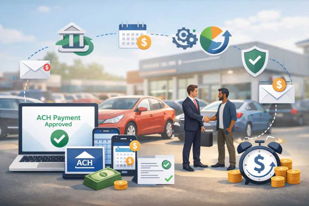 Illustration of ACH payment processing for Buy Here Pay Here auto dealership collections showing digital payment approval, banking icons, and dealer-customer transaction scene