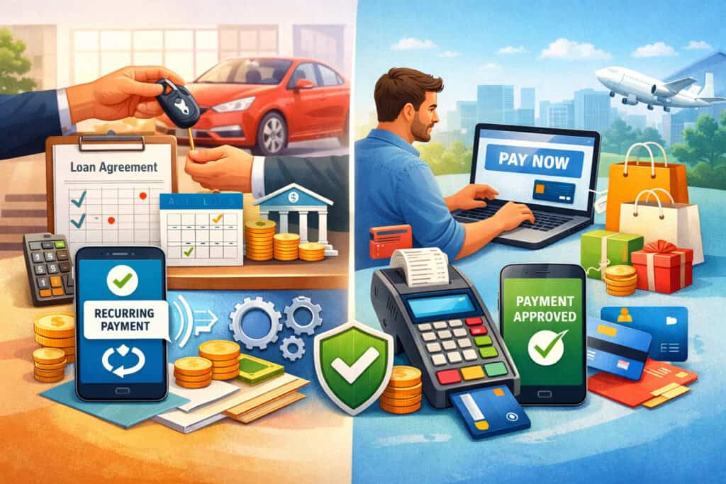 Illustration showing the difference between auto loan recurring payment processing with schedules and approvals versus a one-time digital payment using a card and POS terminal