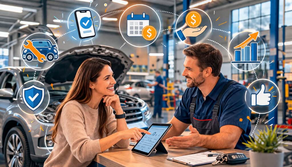 Split illustration of auto repair financing showing a customer using a smartphone for BNPL payments and mechanics completing a service agreement in a modern workshop with financial and repair icons in the background